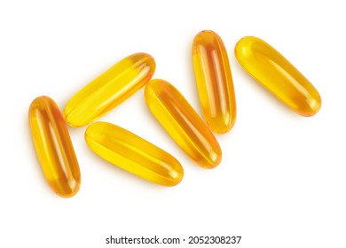 Fish Oil Capsules Isolated On White Background With Clipping Path And Full Depth Of Field. Top View. Flat Lay