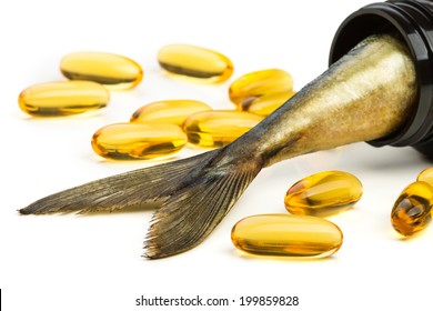 Fish Oil Capsules And Fish Tail In Brown Jar