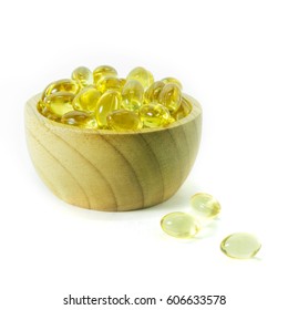 Fish Oil Capsules In Wood Bowl