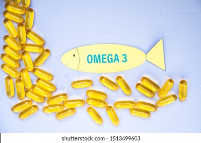 Fish Oil Omega 3 Soft Gel Capsule Pills, Healthy Product   And   Supplement  Concept Close Up,  Flat Lay