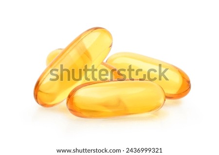 Fish oil supplement capsules isolated on white background. Clipping path.
