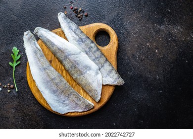 Fish Pike Perch Raw Fresh Seafood Organic Product Hake Meal Snack Copy Space Food Background Rustic. Top View 