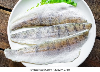 Fish Pike Perch Raw Fresh Seafood Organic Product Hake Meal Snack Copy Space Food Background Rustic. Top View 