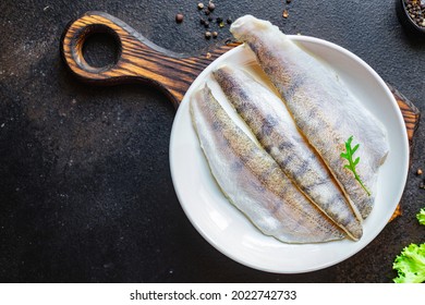 Fish Pike Perch Raw Fresh Seafood Organic Product Hake Meal Snack Copy Space Food Background Rustic. Top View 