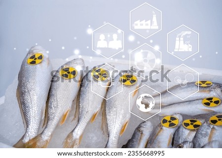 Fish with radioactive icon. Radioactively contaminated fish. nuclear electric power waste water container radioactive to fish.  Japan starts discharging treated water into the sea.