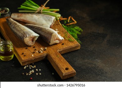 Fish Raw Hake (set Of Ingredients For Cooking). Food Background. Top View. Copy Space