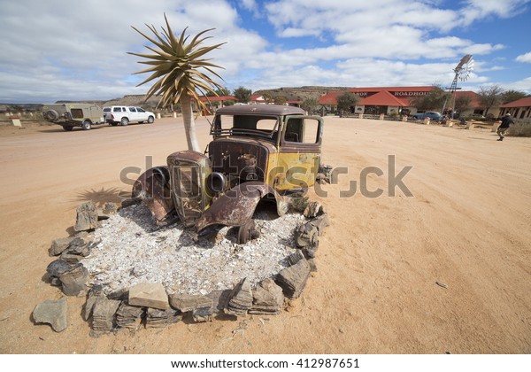 FISH RIVER CANYON, NAMIBIA - SEPTEMBER 01, 2015:
Vintage car in front of the Lodge Canyon Roadhouse, Fish River
Canyon, Namibia