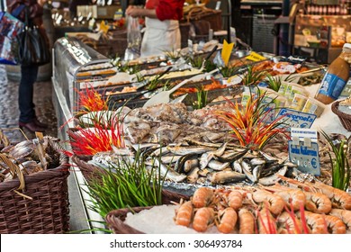 Fish For Sale At Open Market At Rue Mouffetard In Paris, France.