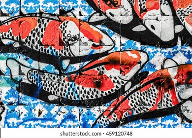 Fish in the sea. Street art graffiti. Closeup painted wall of the city. - Shutterstock ID 459120748
