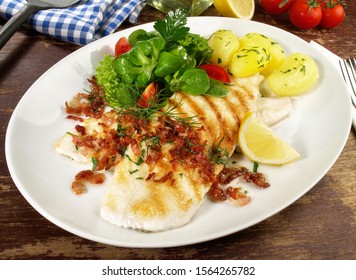 Fish And Seafood - Grilled Plaice Fish Fillet With Bacon