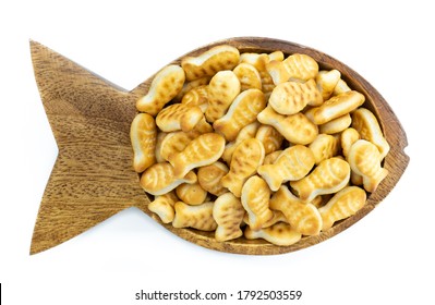 Fish Shaped Bowl Full Of Goldfish Crackers Isolated On White Background