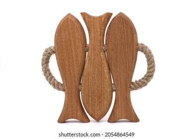 Fish Shaped Natural Wood Serving Tray With Rope Handles Isolated On White Background