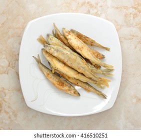 Fish Smelt  Fried In A Plate. Top View