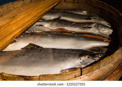 Fish In A Wooden Basket For Storage And Keeping Fresh. Main Food Of Lapish People Called Sami In Finland And Sweden