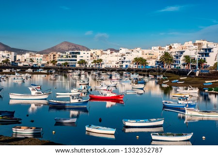Fisher boats at the laguna Charco de San Gines at sunrise, city of Arrecife, Lanzarote, Canary Islands Foto stock © 