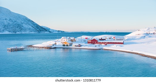 Fisher Shelter In The Winter In The Background Norwegian Fjords - Tromso, Norway