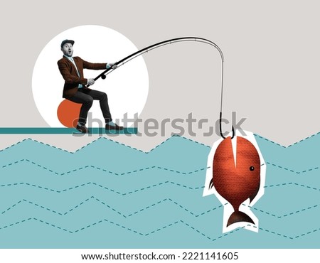 Fisherman and big fish. Art collage.