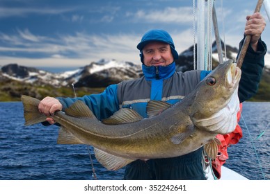 Fisherman With Big Fish On The Boat Near Lofoten Island. Norway