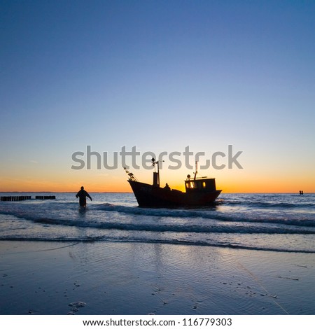 Fisherman Boat with sunset sky environment