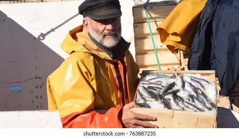 fisherman with a fish box inside a fishing boat