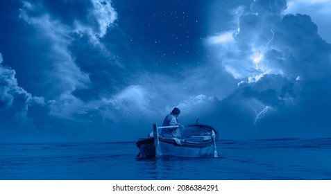Fisherman with fishing boat in a calm sea lightning and dark stormy sky in the background 