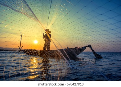 Fisherman net sunset Silhouette boat
