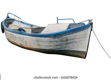 fisherman Old Boat Isolated On White Background. white boat with blue stripes. isolated.