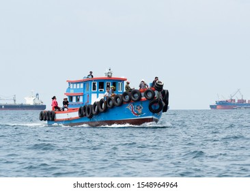 Fisherman On Speed Boat In The Sea,Tourism Ship In The Ocean Concept  At Koh Si Chang Chonburi Thailand On 12 October 2019