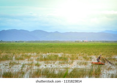 A fisherman on the wooden boat are fishing in the marshland - Powered by Shutterstock