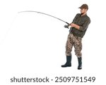 Fisherman with rod fishing on white background