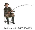 Fisherman with rod on fishing chair against white background