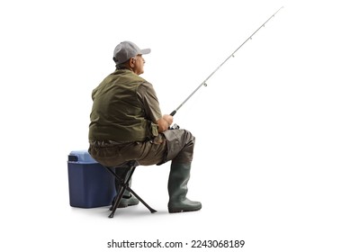 Fisherman sitting on a chair with a fishing rod isolated on white background