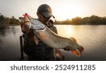 Fisherman and trophy Pike. Fishing background.

