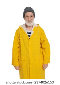 Fisherman in yellow raincoat isolated on white
