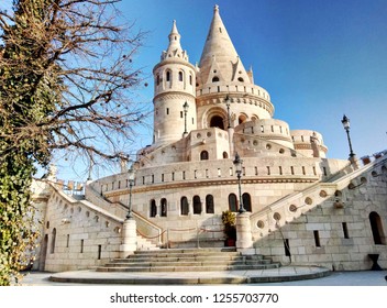 Fisherman's bastion in Budapest Hungary. View on white towers of the bastion. Late winter, early spring. - Shutterstock ID 1255703770