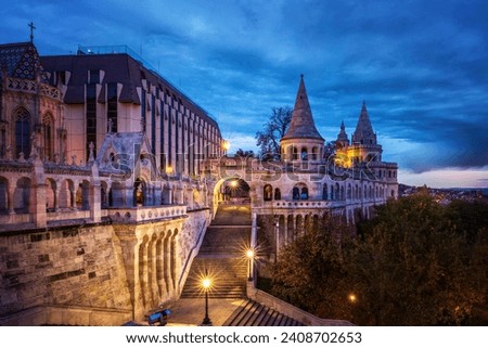 Fisherman's Bastion  is the panoramic viewing terrace with fairy tale towers in Budapest. View at night