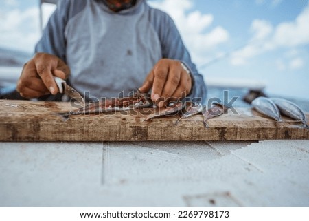 fisherman's hand cuts open a fish with a knife for fishing bait