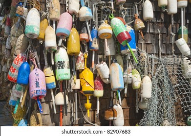 Fishermen buoys hanging on a Gloucester fishing shack