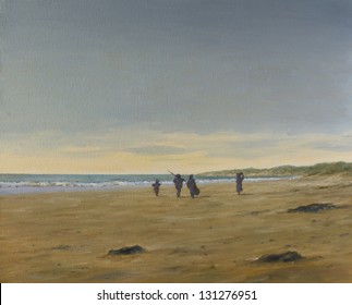 Fishermen Family Walking In Beach Landscape - Oil Painting On Canvas