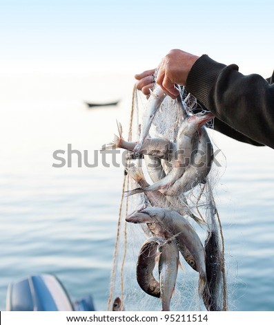Similar – Image, Stock Photo Fisherman with Fresh Catch at Praia Emilia Beach