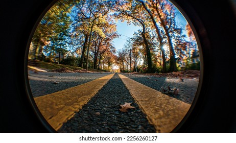Fisheye lens shot of street double yellow lines on asphalt street with fall autumn leaves and trees on sidewalk
