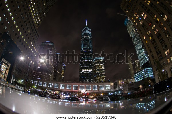 Fisheye view from car at World Trade Center, New\
York City at night