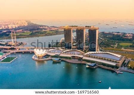 Fish-eye view of Singapore city skyline at sunset. 