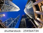 Fisheye view of skyscrapers in Hong Kong at night