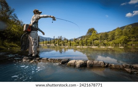 Fishing background. Fisherman catching on a river.	
