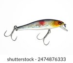 Colorful​ Fishing bait, deep black plug with​ 3-way hook​ of​ Fishing bait​ isolated​ on​ white​ background​.​Snakehead fishing rod, striped bass, Prey fish.