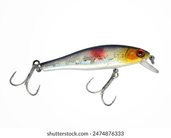 Colorful​ Fishing bait, deep black plug with​ 3-way hook​ of​ Fishing bait​ isolated​ on​ white​ background​.​Snakehead fishing rod, striped bass, Prey fish. - Powered by Shutterstock