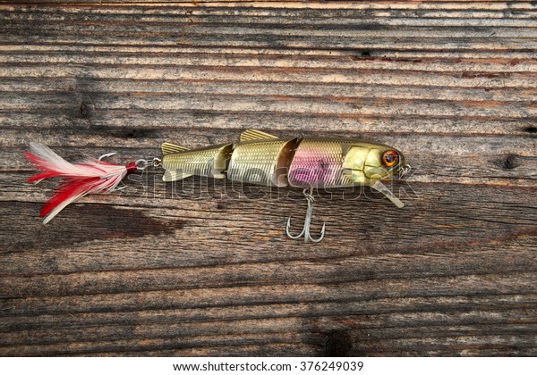 Fishing bait isolated\
on wooden background