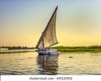 Fishing Boat. African Felucca Boat Fishing In The Nile In Egypt.