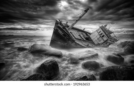 Fishing Boat Beached In Storm In The Stone Beach, Sea, Island.